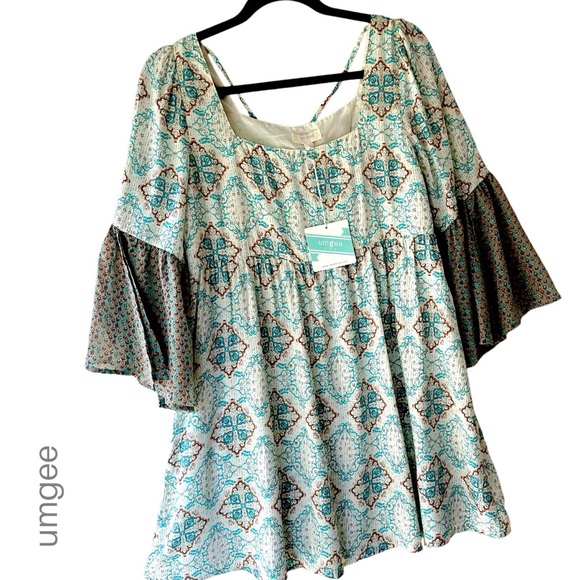 NWT UMGEE MINI TUNIC DRESS BOHO BELL SLEEVE EMPIRE WAIST |  SIZE: SMALL - Picture 1 of 10
